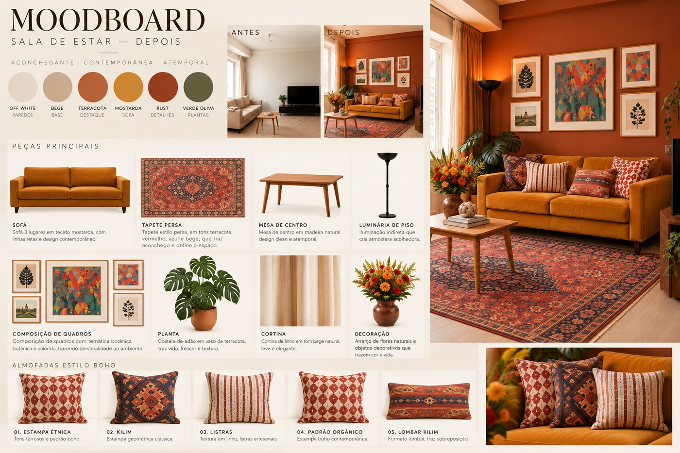 Moodboard da direção boho acolhedor: paleta de cores, antes e depois, peças principais e almofadas